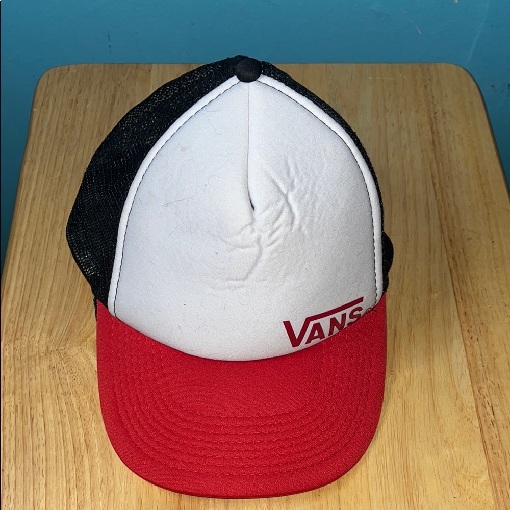 Vans Classic Red black and White trucker hat with checkerboard under brim
